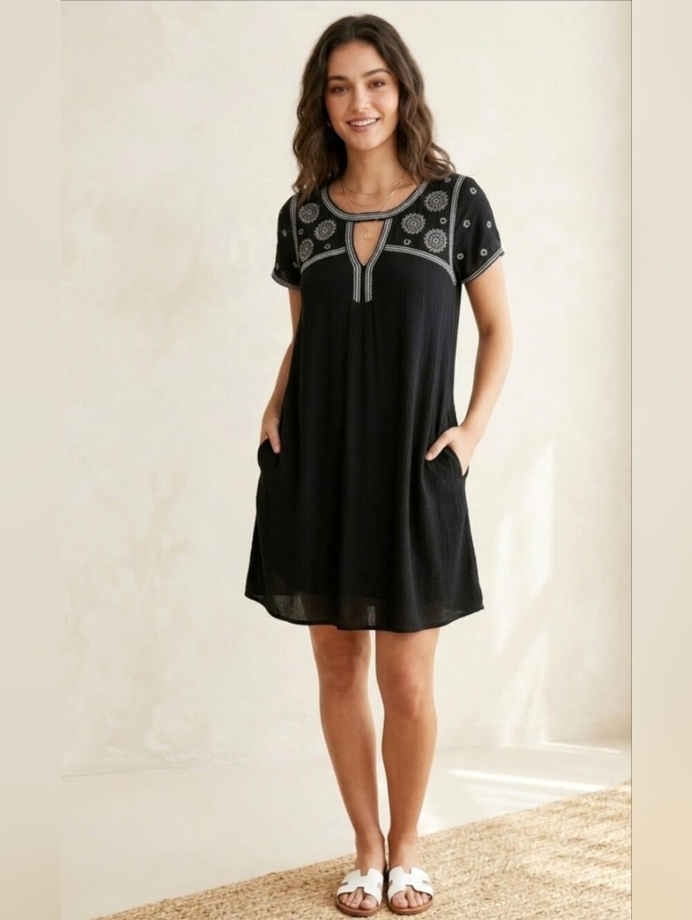 Blue Rain Boho Peasant Dress Black & White Embroidery Eyelet Size Small
